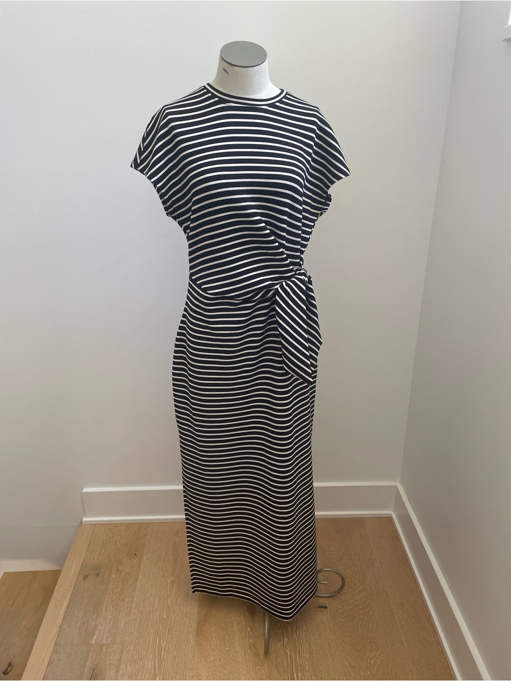 SPANX Black & White Striped Jersey Midi Dress with Side Tie